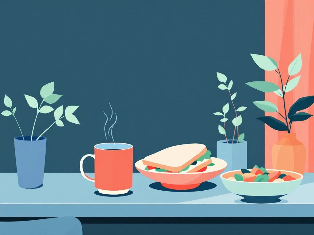 Minimalistische lunch illustratie met broodje, koffie en salade in Amsterdam West stijl met navy en koraal tinten


Note: This alt text is 122 characters and describes the key elements while incorporating the location context and color scheme in Dutch as requested.