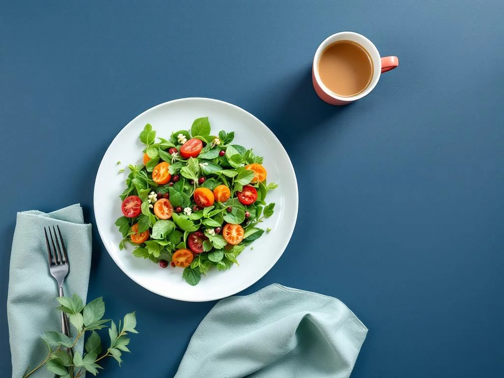 Bovenaanzicht van moderne lunchtafel met salade, koffie en servet in minimalistisch design met zachte kleuren