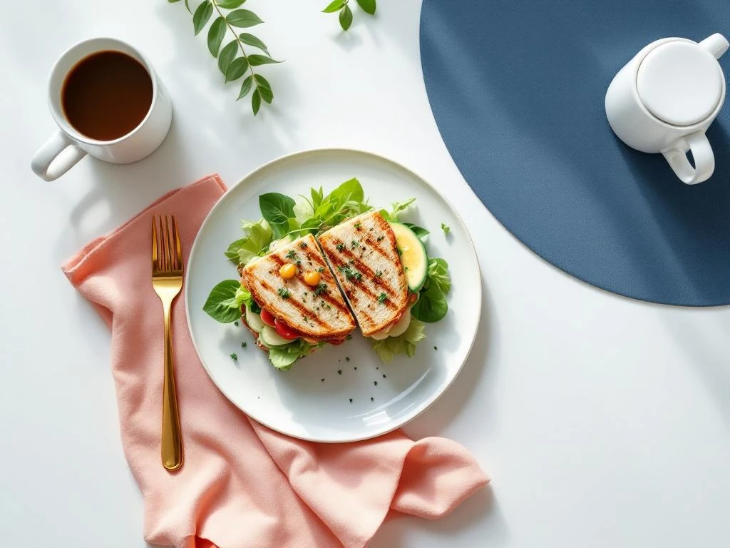 Verse sandwich met salade op keramisch bord, koffie en notitieblok op wit bureau in Amsterdam West