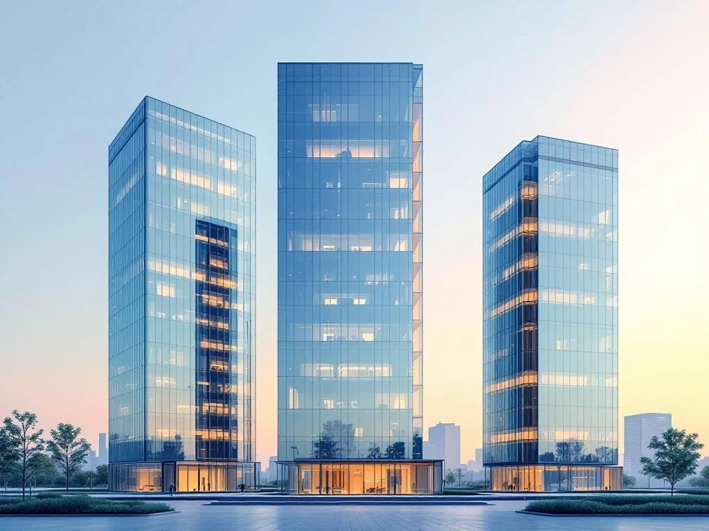 Drie moderne glazen kantoorgebouwen in Amsterdam Zuidas met reflecterende gevels tegen zachte gradiëntlucht