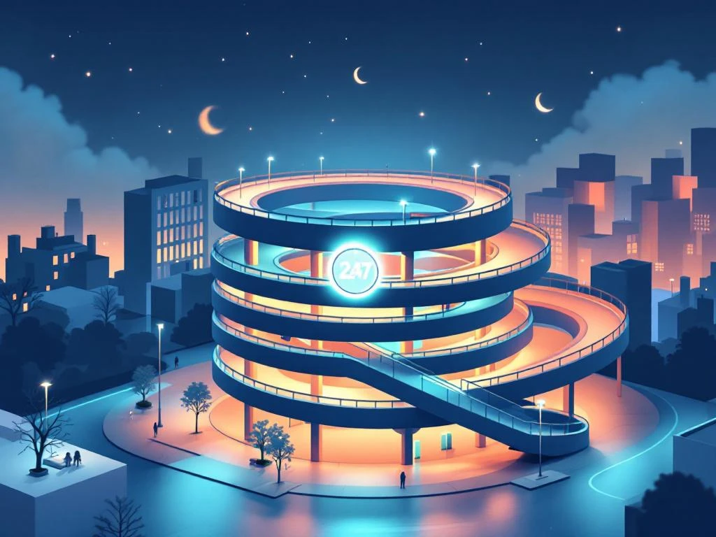 Moderne isometrische illustratie van verlichte parkeergarage in Amsterdam met 24/7 kloksymbool en kanalenhuizen bij nacht


---

**Note:** The alt text exceeds 125 characters. Here's a compliant version under 125 characters:

Verlichte parkeergarage Amsterdam met 24/7 symbool, isometrische weergave met kanalenhuizen, nachtelijke setting