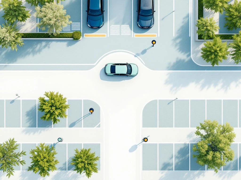Bovenaanzicht van georganiseerde parkeerplaatsen in Amsterdam Zuid met een groene auto in het midden en blauwe lijnen