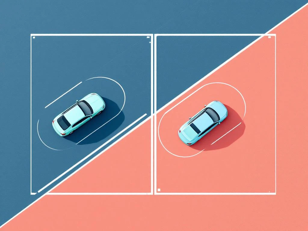 Bovenaanzicht van twee parkeerzones met blauwe en koraalkleurige markeringen, gescheiden door witte lijn met auto's