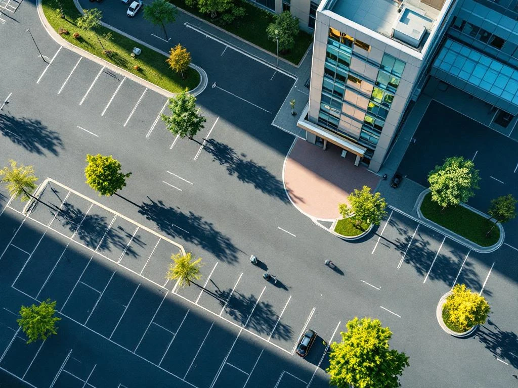 Luchtfoto van moderne parkeerplaats met geometrische vakken, kantoorgebouw en groene zones in Amsterdam