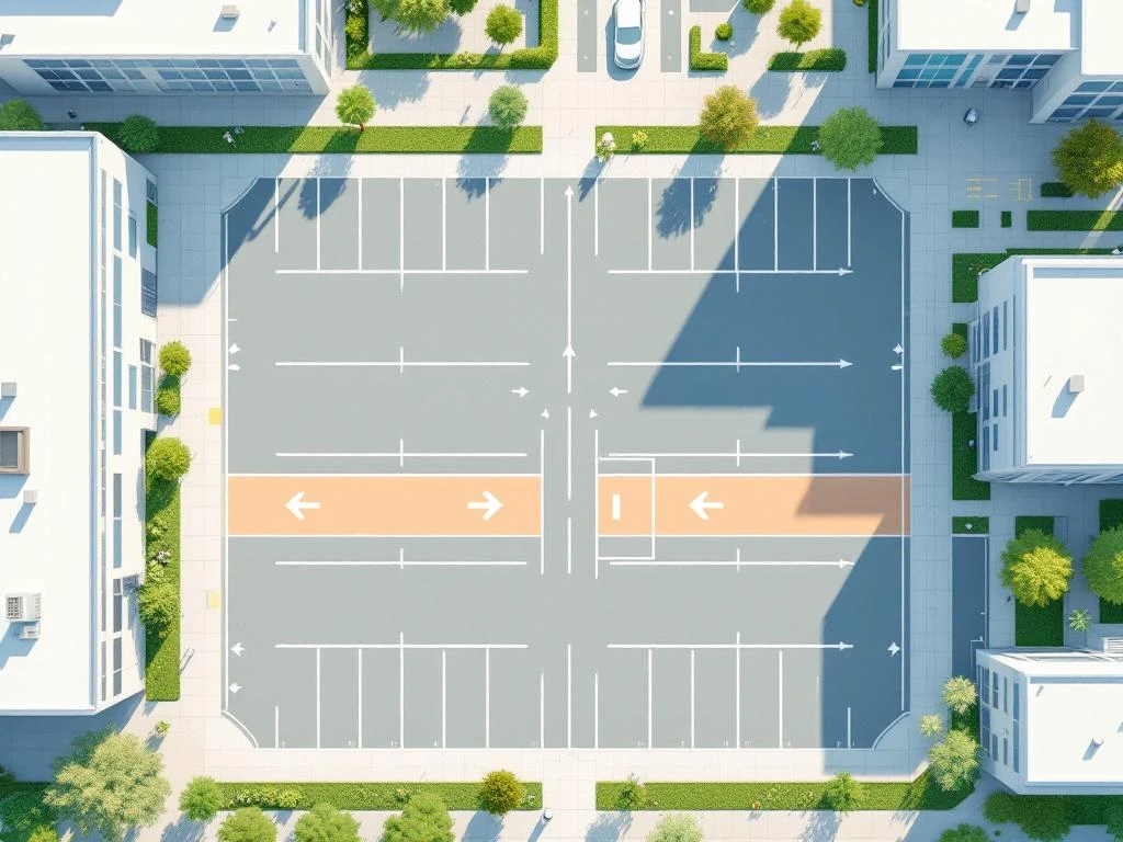 Vogelvluchtweergave van gestructureerd parkeerterrein met geometrische vakken, groenstroken en moderne kantoorgebouwen