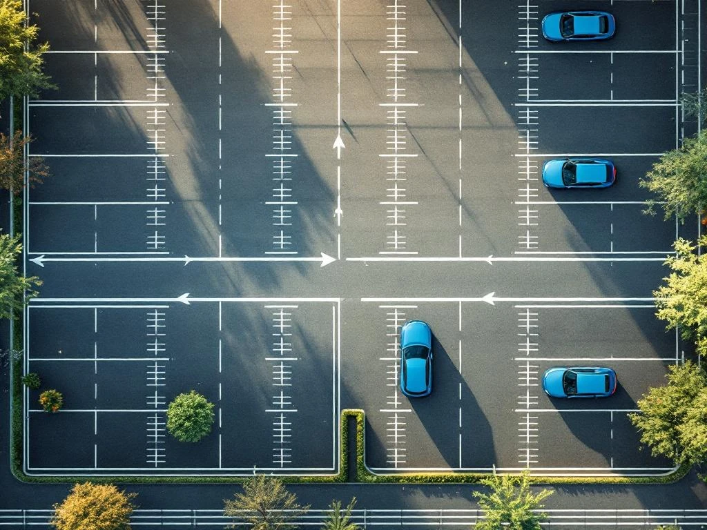 Moderne parkeerplaats met geometrische vakken, auto's in rijen, groene beplanting en blauwe bewegwijzering vanuit vogelperspectief
