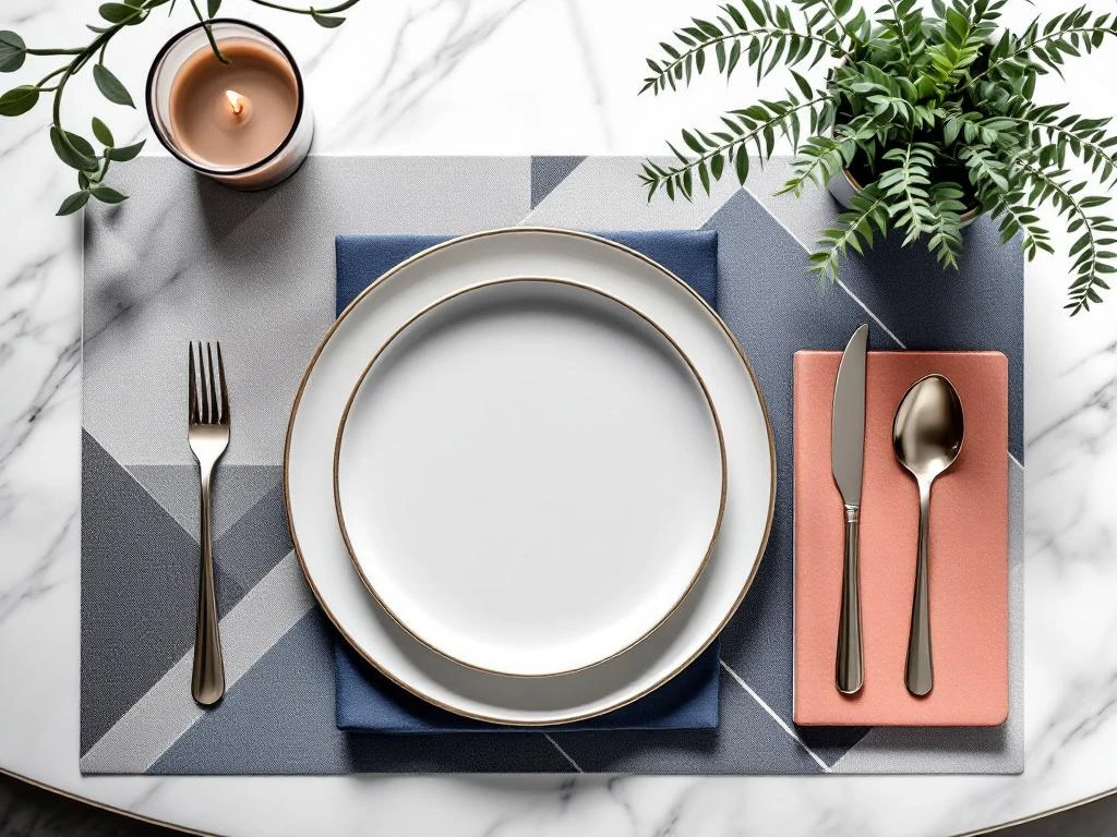 Bovenaanzicht elegante restauranttafel met wit servies, bestek, notitieboek en verse kruiden op marmeren blad