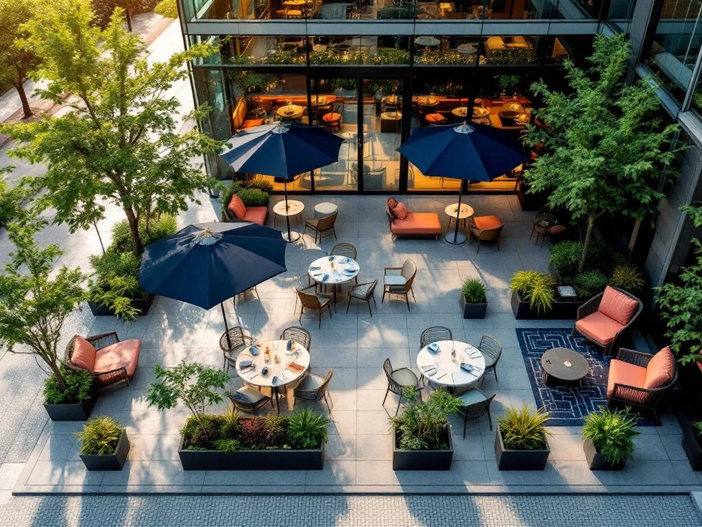 Elegant restaurantterras Amsterdam Zuidas met moderne meubilair, navy parasols en groene planten in geometrisch patroon