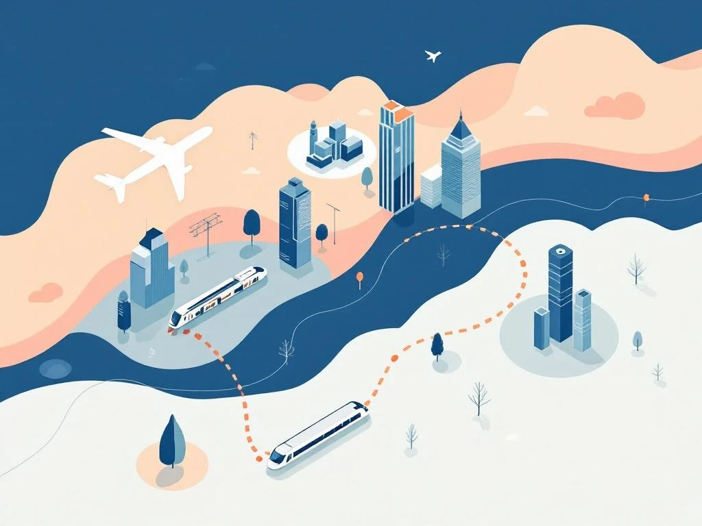 Luchtfoto illustratie van transportroutes tussen Schiphol en Zuidas met trein- en metroverbindingen in blauw en mintgroen