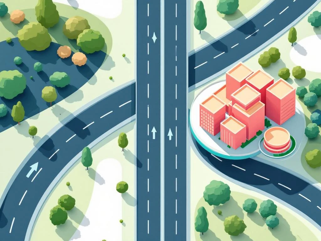 Luchtfoto van moderne snelwegkruising die leidt naar zakelijk bedrijvenpark met geometrische vormen en groene elementen