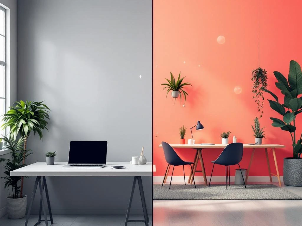 Vergelijking thuiswerkplek met grijze laptop en kleurrijke coworking ruimte met planten en samenwerkende mensen