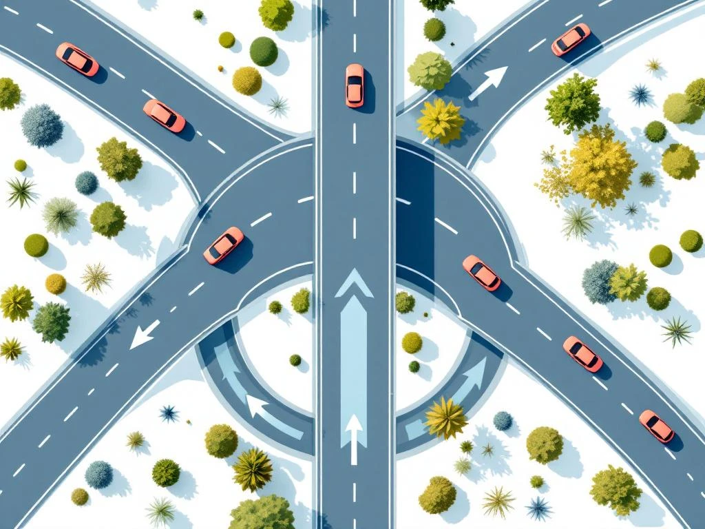 Luchtfoto van moderne snelwegknooppunt naar bedrijvenpark met gestileerde auto's en groene landschapselementen