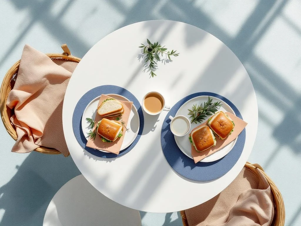 Bovenaanzicht van ronde witte lunchtafel met koffie, notitieboeken, sandwiches en decoratieve plantjes in rustige setting
