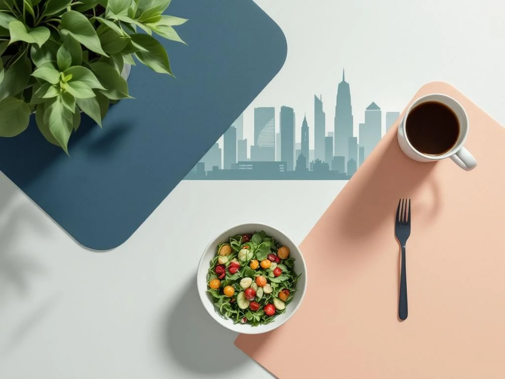 Moderne lunchopstelling met saladekom en koffie op bureau met klok, Zuidas skyline op achtergrond
