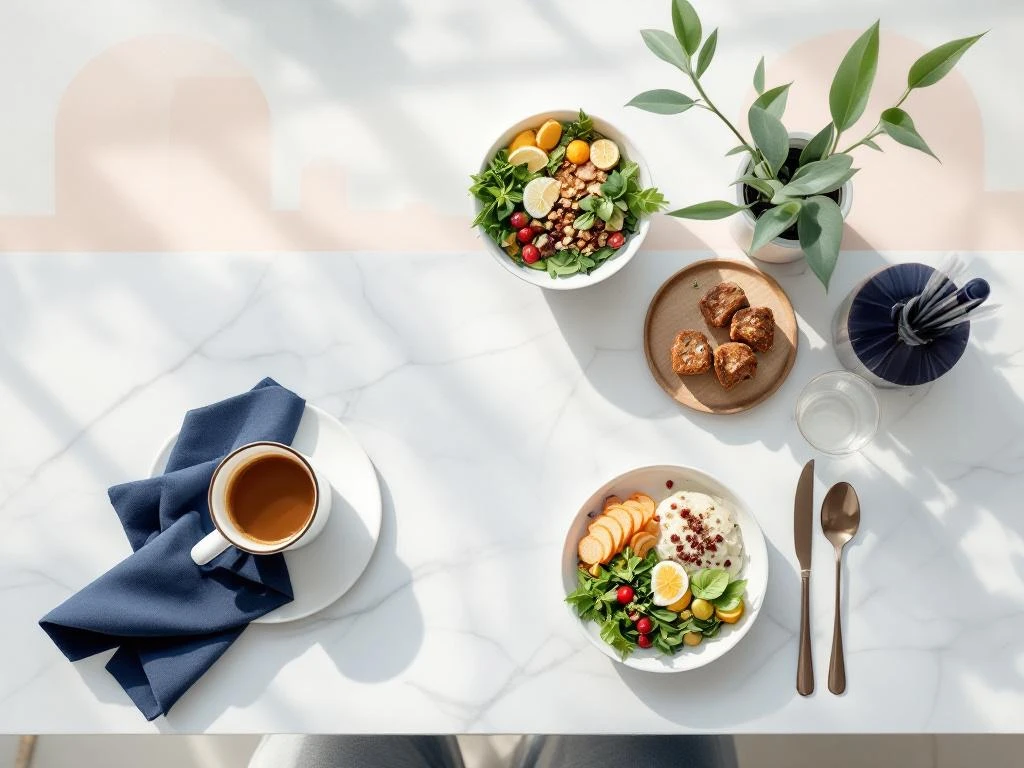 Elegante lunchtafel op Zuidas met koffie, salade en moderne bestek op wit marmer met stadssilhouet