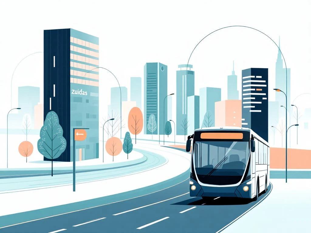 Moderne bus rijdt door Zuidas zakendistrict met groene routelijnen die bushaltes verbinden op lichtblauwe achtergrond