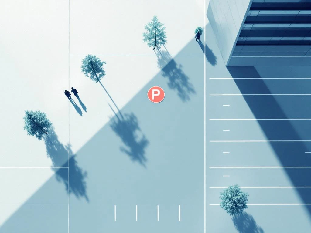 Bovenaanzicht van Zuidas parkeerterrein met geometrische lijnen, kantoorgebouwen en centraal parkeerticket icoon