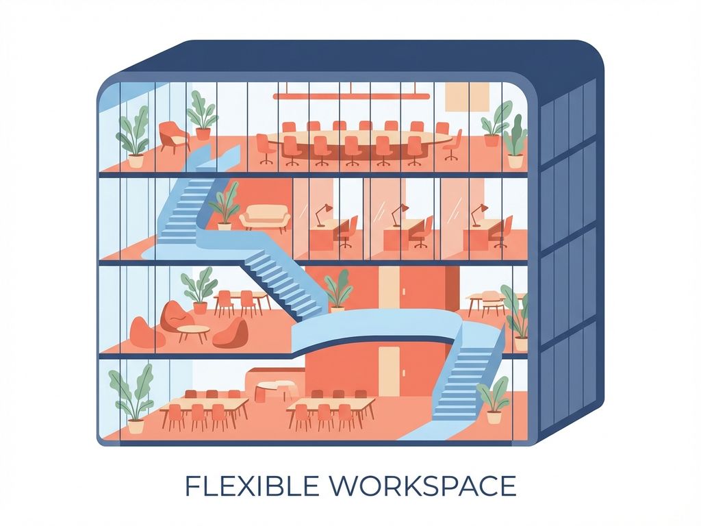 Doorsnede van modern Amsterdam kantoorgebouw met kleurrijke gedeelde werkruimtes, vergaderzalen en co-working areas