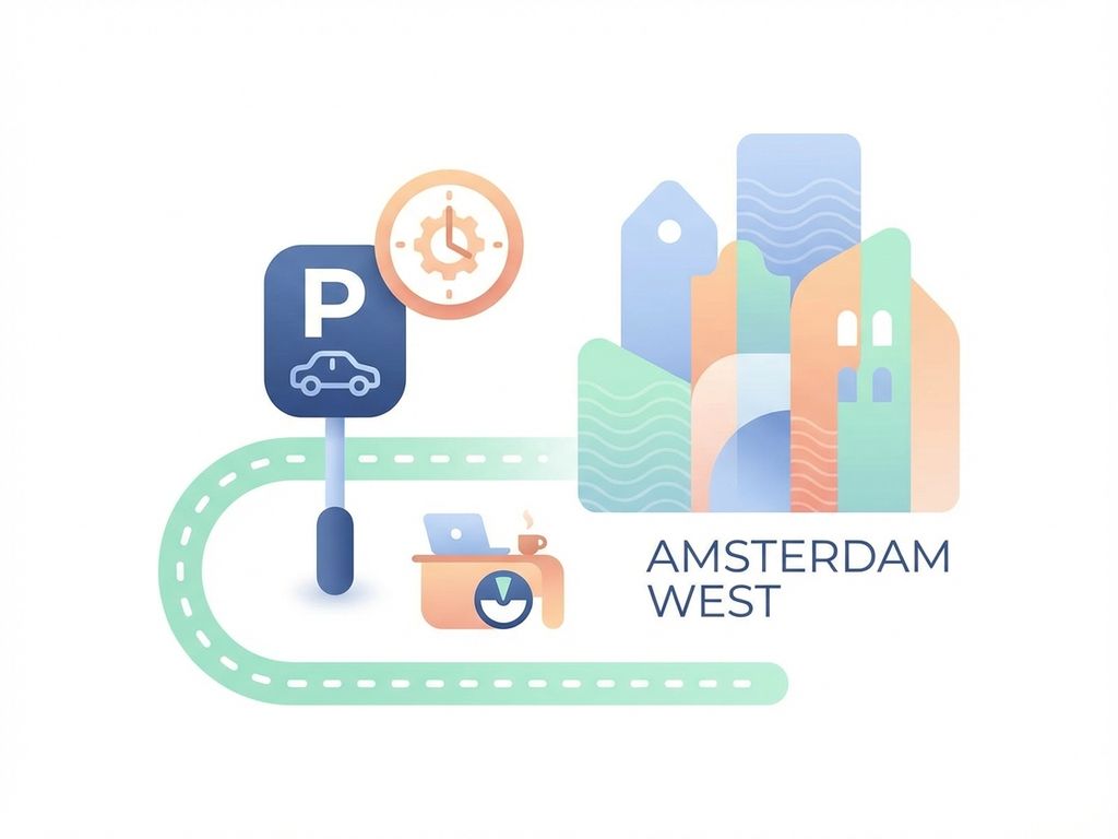 Moderne illustratie van Amsterdam West straat met parkeermeter, klok en verkeersborden in zachte kleuren