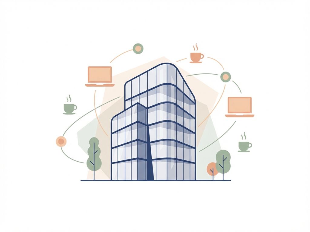 Moderne glazen kantoorgebouw met minimalistische architectuur, omringd door laptops en werkplekelementen in navy, perzik en groen