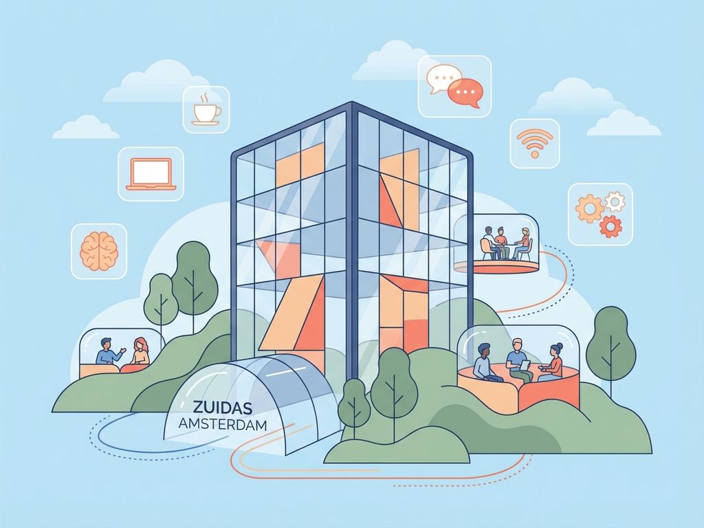Modern glazen kantoorgebouw in Amsterdam Zuidas met flexibele werkruimte-iconen en startup elementen in navy, koraal en groen