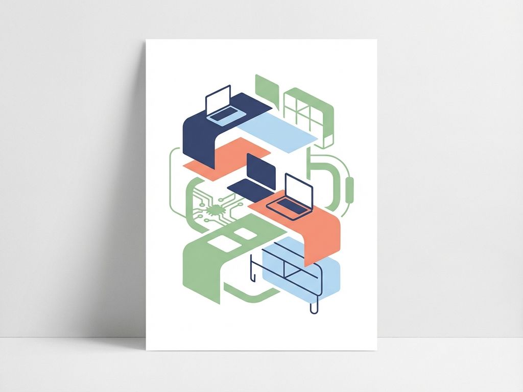 Moderne minimalistische illustratie van verbonden werkplek elementen in navy, koraal en groen op witte achtergrond