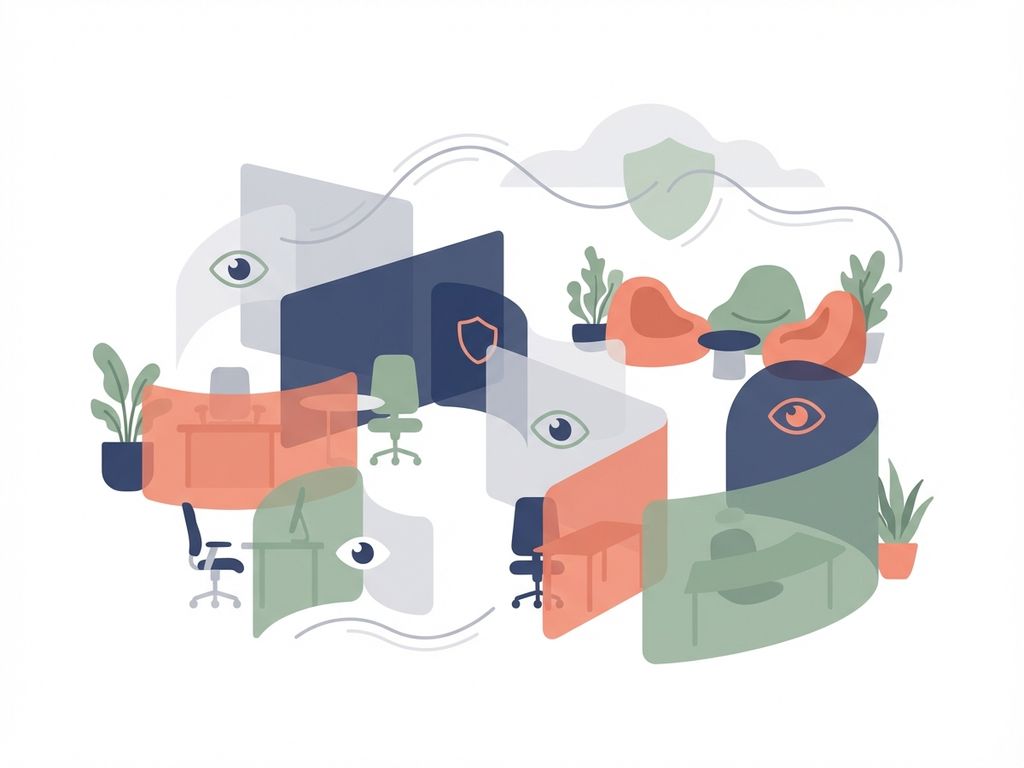 Moderne illustratie van flexibele werkruimte met privacy-elementen, schermen en veilige verbindingssymbolen in navy, koraal en groen
